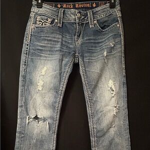 Rock Revival Ina Cropped Jeans 29 Distressed Stretch Capri Fleur-de-lis